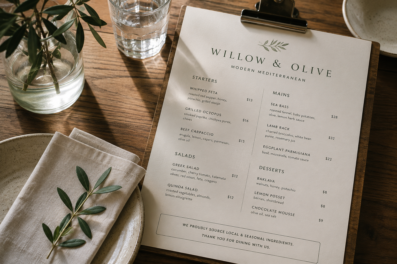 Elegant printed menu with gold foil on a black table